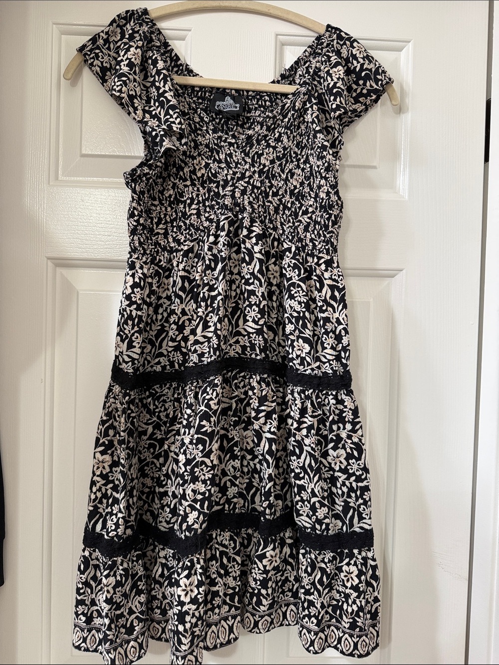Angie Smocked Black and Cream Floral Tiered Dress - Large